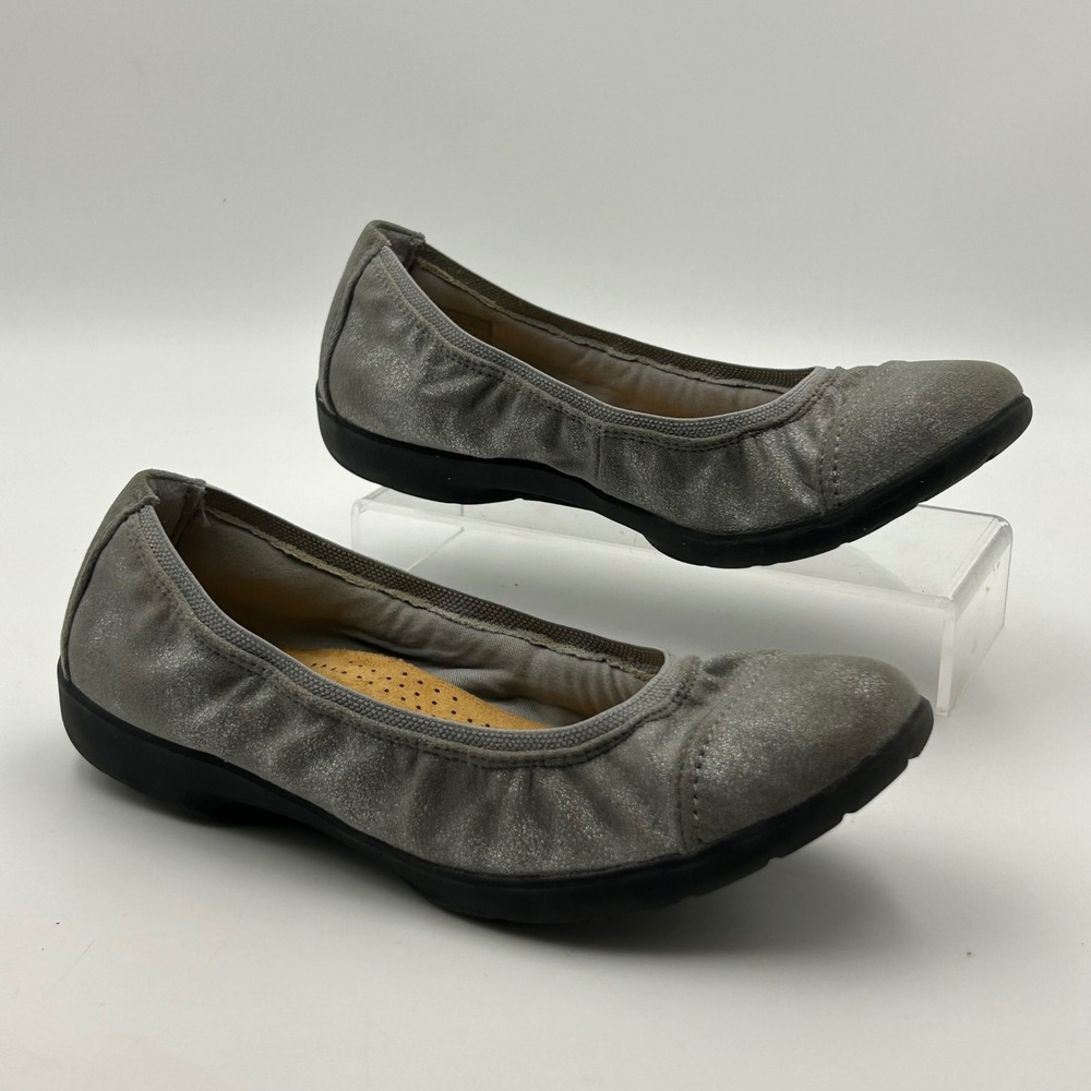 Clarks Ballet Flats Womens 7.5 Grey Metallic Ruched Cap Toe Balletcore Comfort